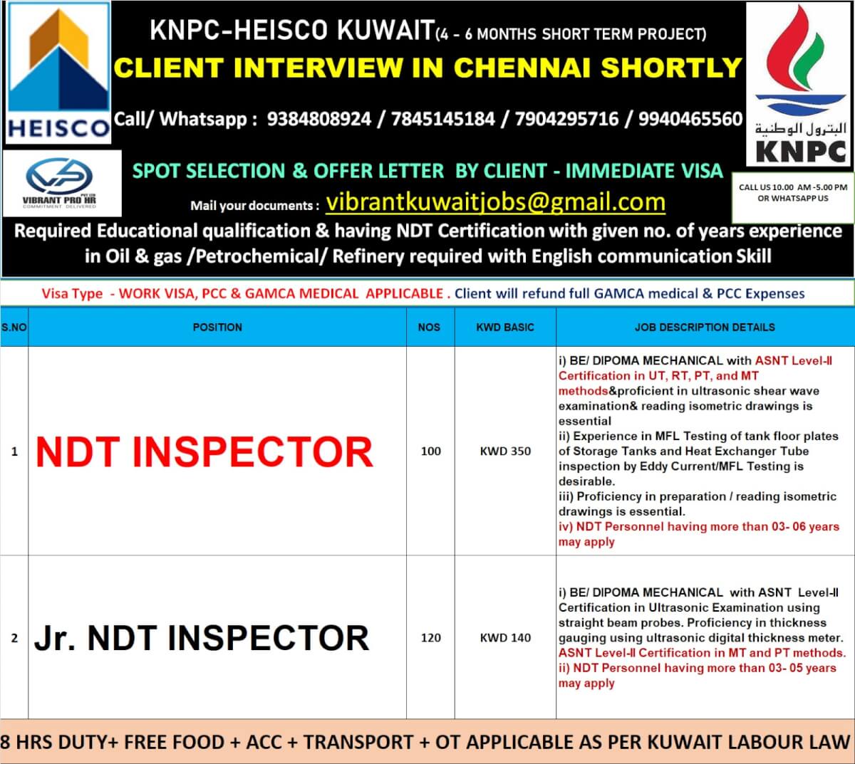 KNPC-HEISCO KUWAIT(4 - 6 MONTHS SHORT TERM PROJECT) CLIENT INTERVIEW IN CHENNAI SHORTLY