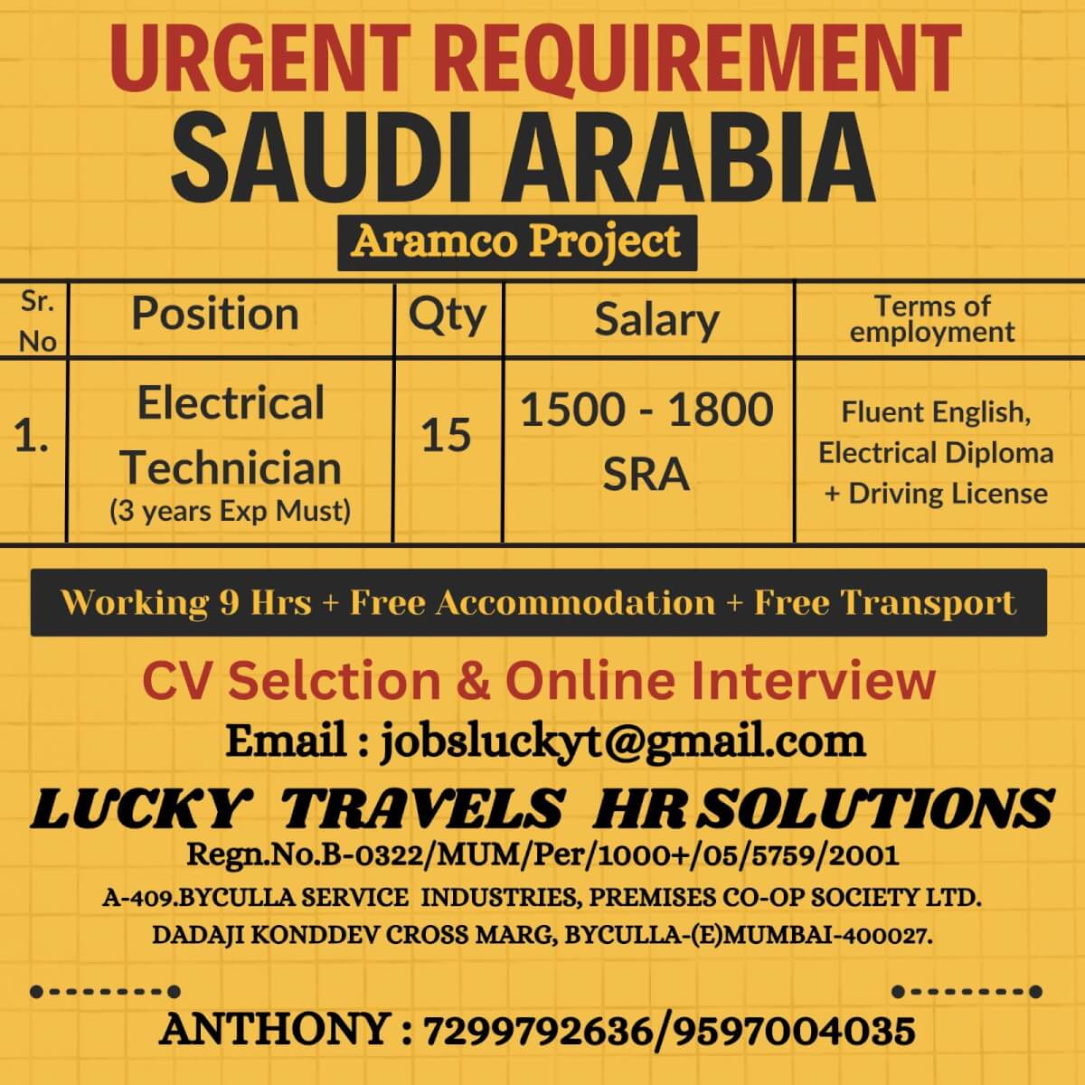 HIRING FOR ARAMCO PROJECT FOR SAUDI / CV SHORTLISTING & ONLINE INTERVIEW CONTACT MR.ANTHONY 7299792636