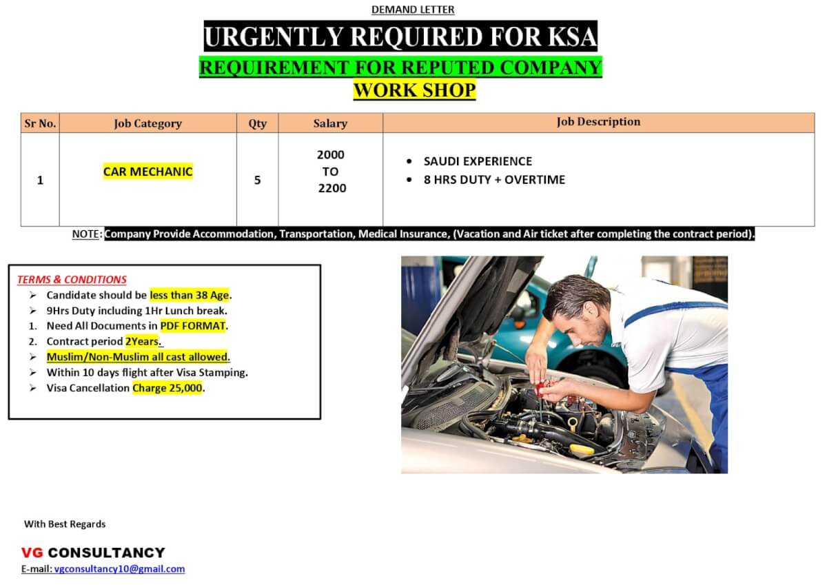 Urgent Recurment for Saudi arabia car mechanic