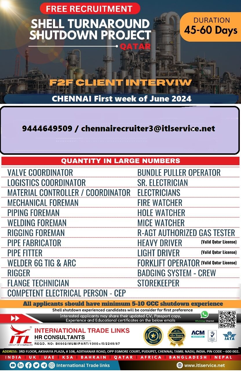 Qatar Shell Turnaround Job Vacancy Direct Interview on Chennai (Mid of June 2024)