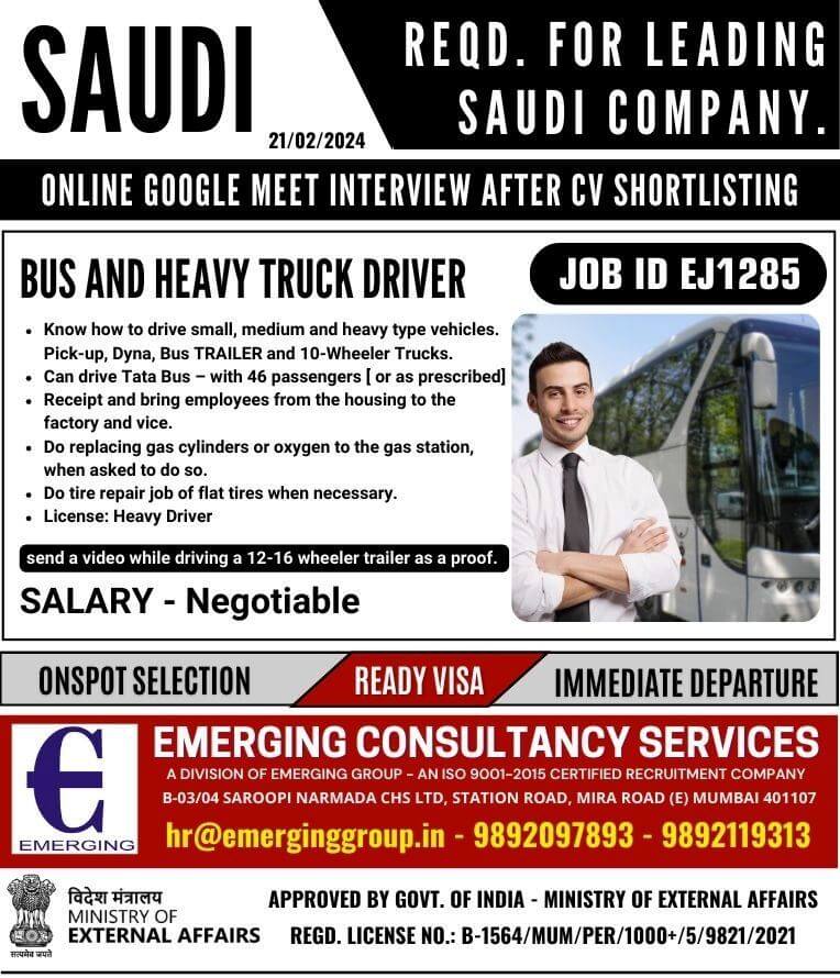URGENTLY REQUIRED BUS AND HEAVY TRUCK DRIVER FOR LEADING SAUDI COMPANY