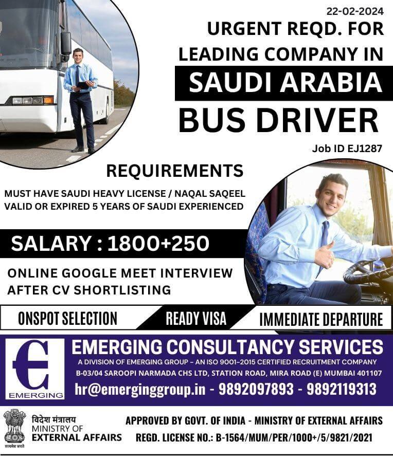 URGENTLY REQUIRED BUS DRIVER FOR LEADING SAUDI ARABIA COMPANY