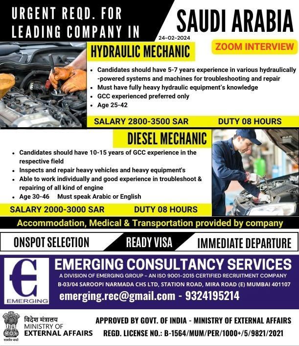 URGENTLY REQUIRED HYDRAULIC MECHANIC  AND DIESEL MECHANIC FOR LEADING COMPANY IN SAUDI ARABIA