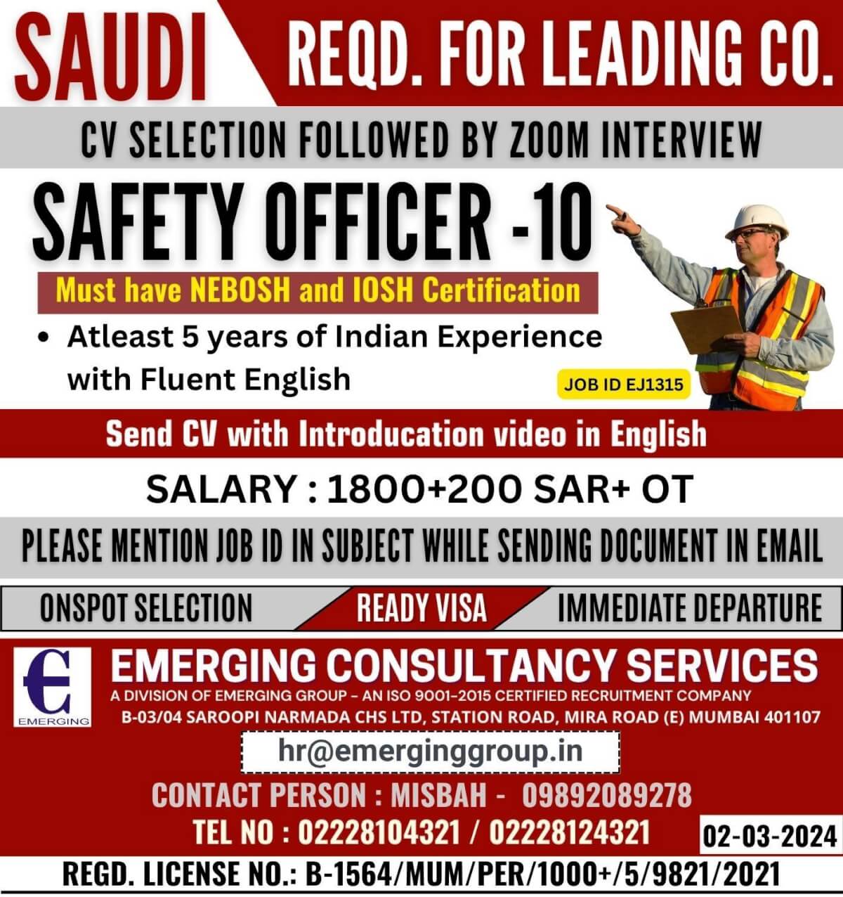 URGENTLY REQUIRED  SAFETY OFFICER FOR LEADING COMPANY IN SAUDI ARABIA