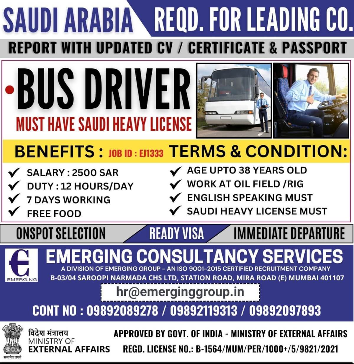 REQD. FOR LEADING COMPANY IN SAUDI ARABIA
