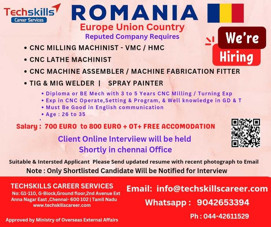 ROMANIA ( Europe) REQUIRES - CNC MACHINIST / TIG WELDER / MECHANICAL ASSEMBLER / SPRAY PAINTER