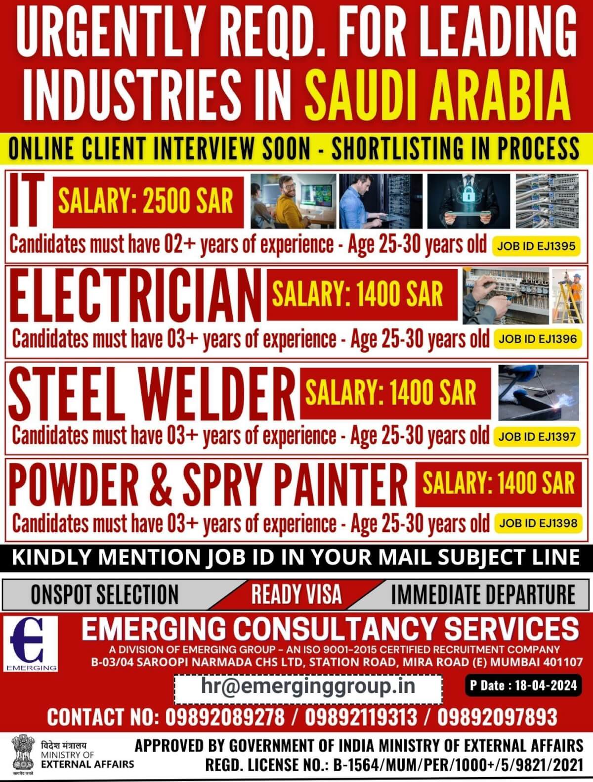 URGENTLY REQD. FOR LEADING INDUSTRIES IN SAUDI ARABIA