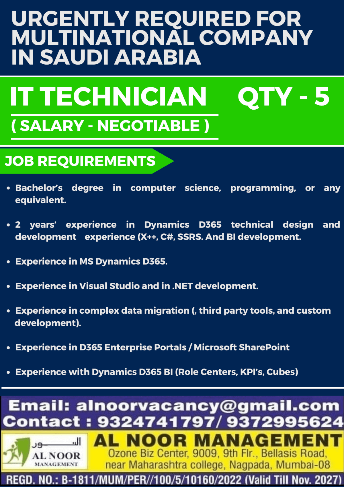 URGENTLY REQUIRED FOR MULTINATIONAL COMPANY IN SAUDI ARABIA