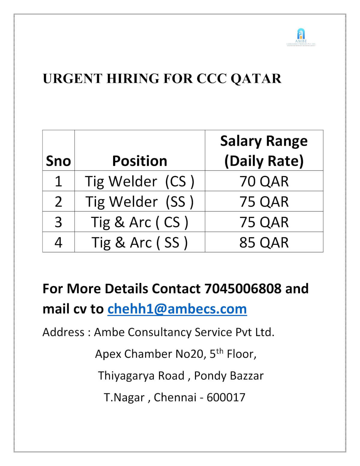 urgent hiring for Qatar
