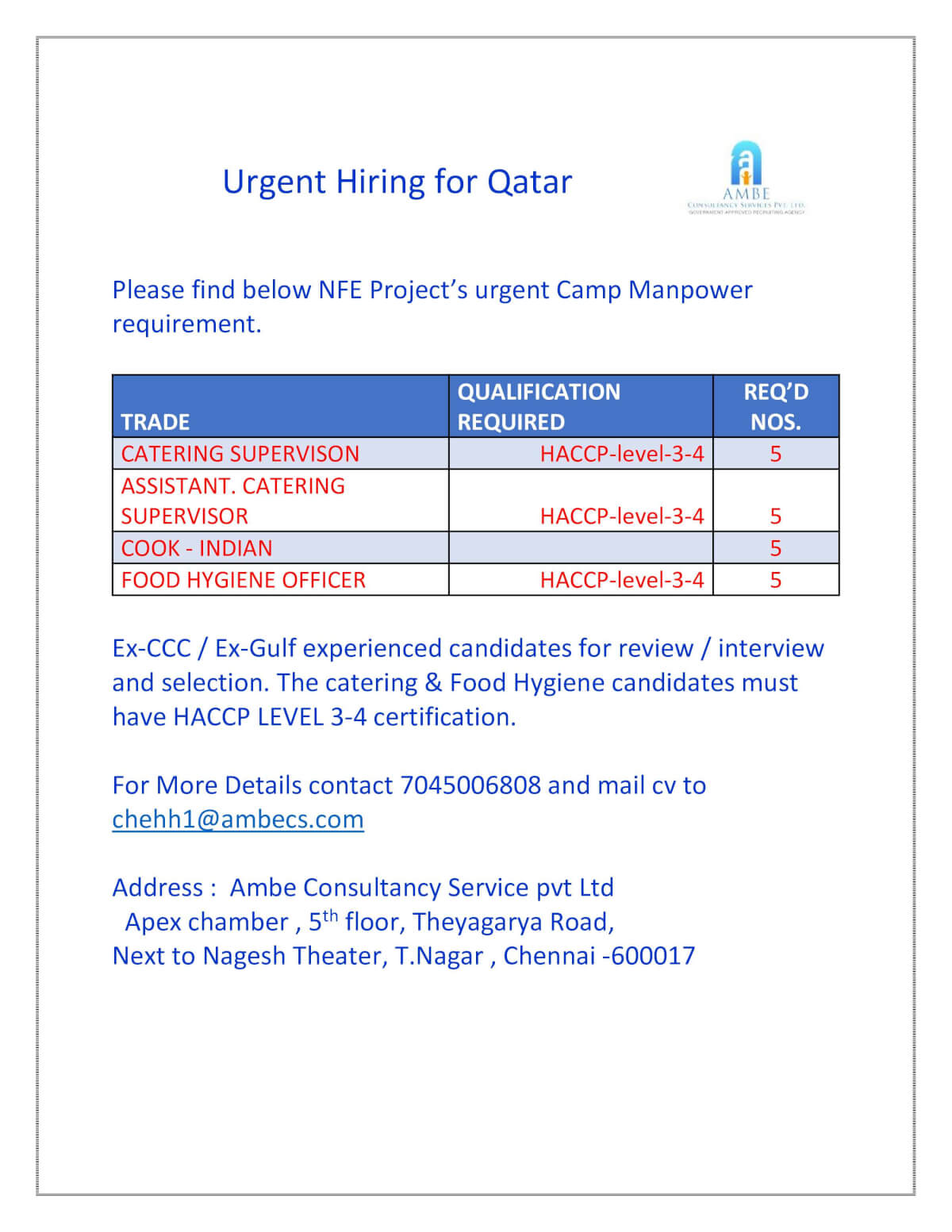 Urgent Hiring for Qatar ccc