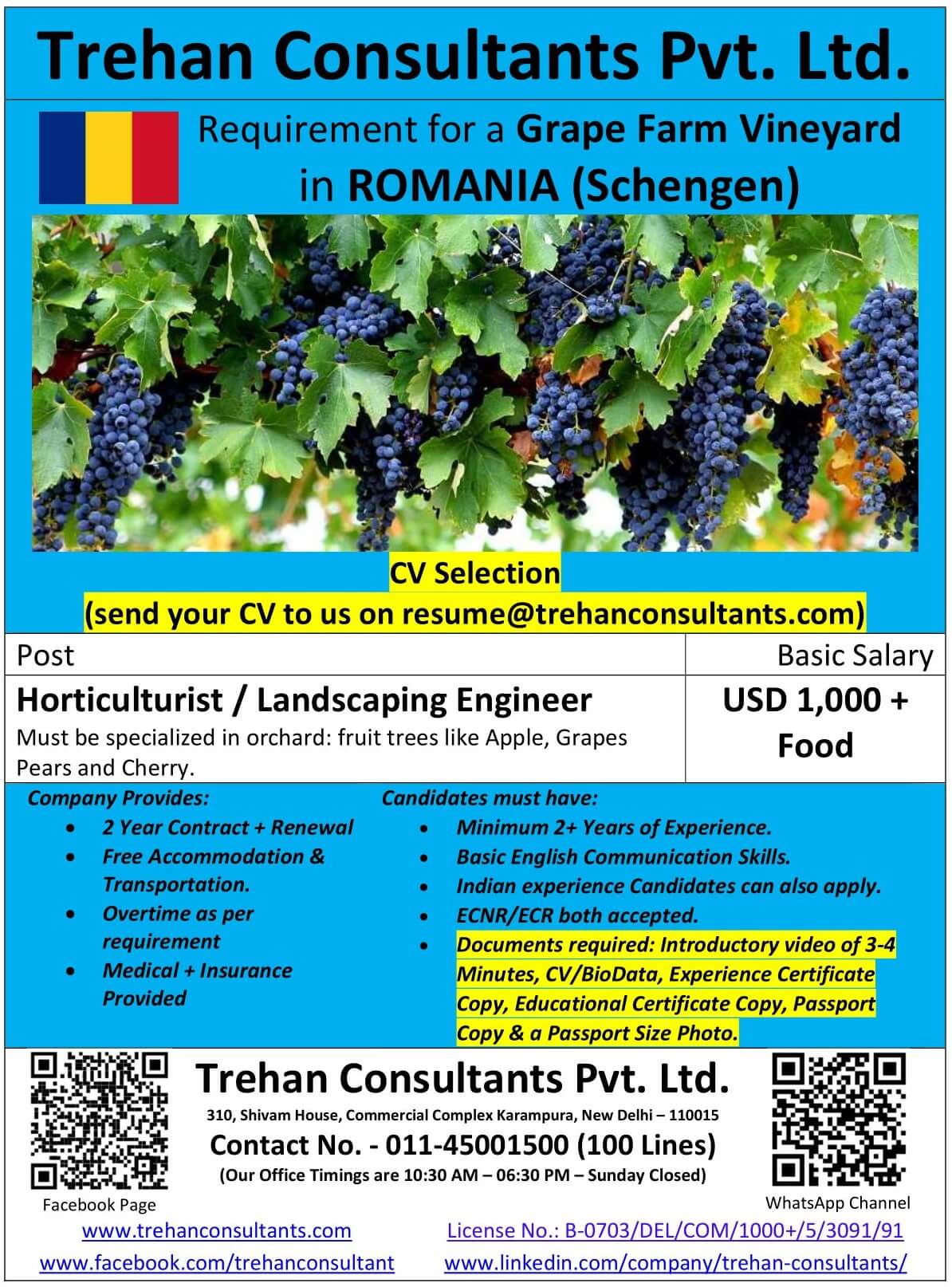 CV Selection - Requirement for a Grape Farm Vineyard in ROMANIA (Schengen)