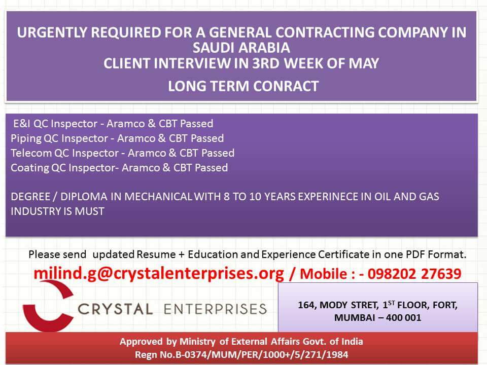 URGENTLY REQUIRED FOR A GENERAL CONTRACTING COMPANY IN  SAUDI ARABIA