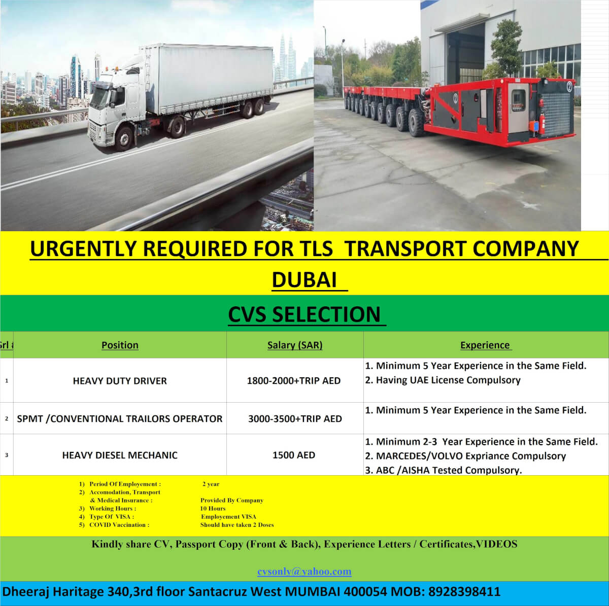 URGENTLY REQUIRED FOR TLS TRANSPORT COMPANY DUBAI