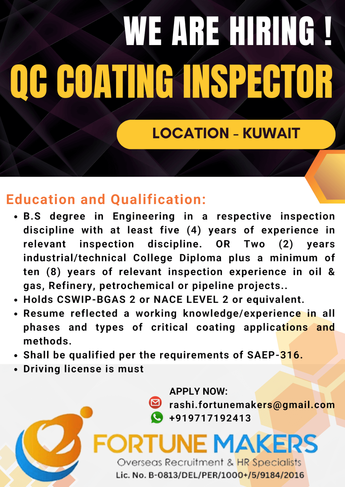 QC Coating Inspector FOR SAUDI ARABIA