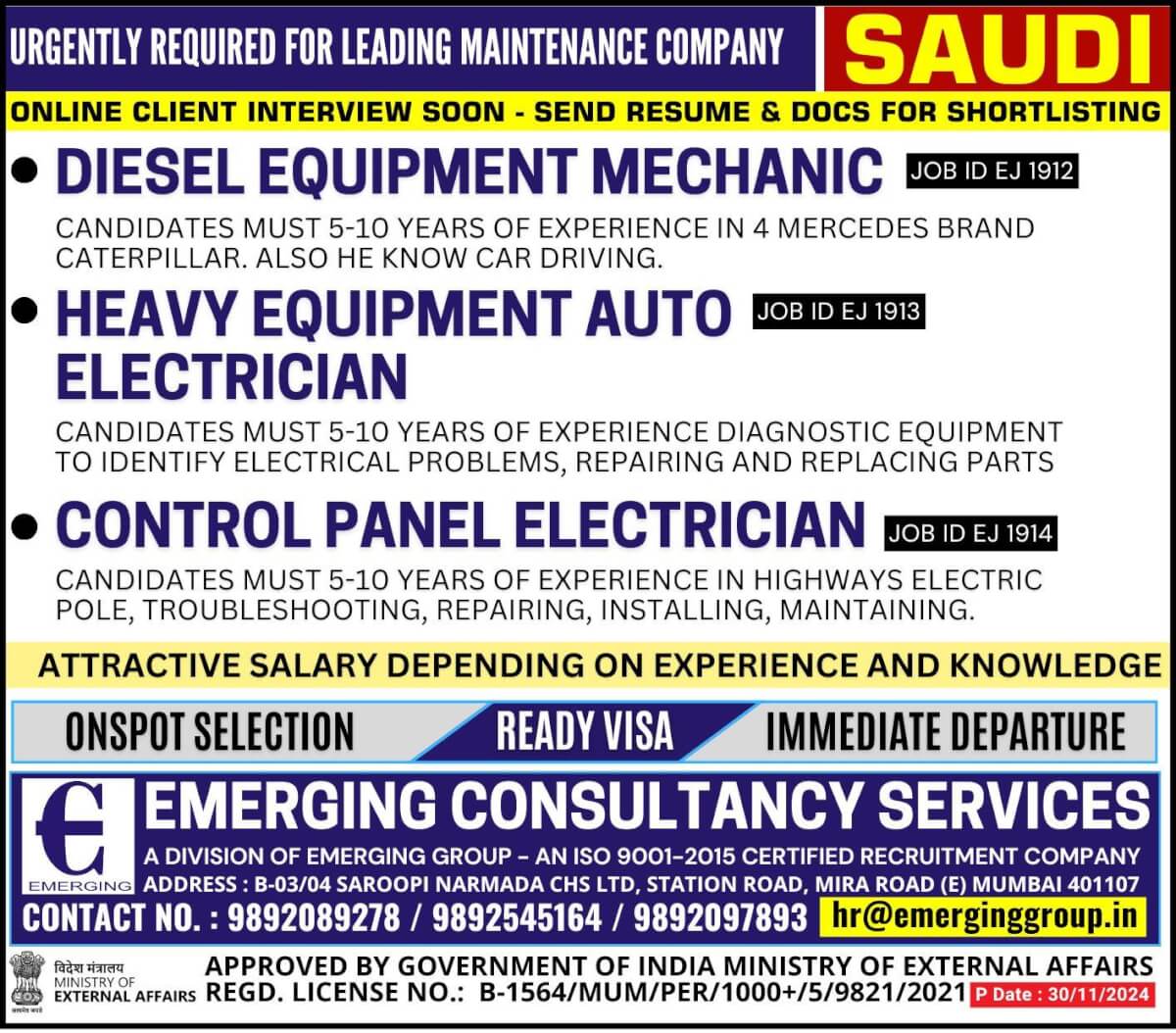 Urgently Required for Leading Maintenance Company in Saudi Arabia Urgently Required for Leading Maintenance Company in Saudi Arabia