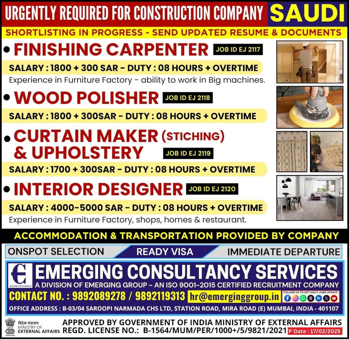 Urgently Required for Construction Company in Saudi Arabia - Shortlisting in Progress Urgently Required for Construction Company in Saudi Arabia - Shortlisting in Progress
