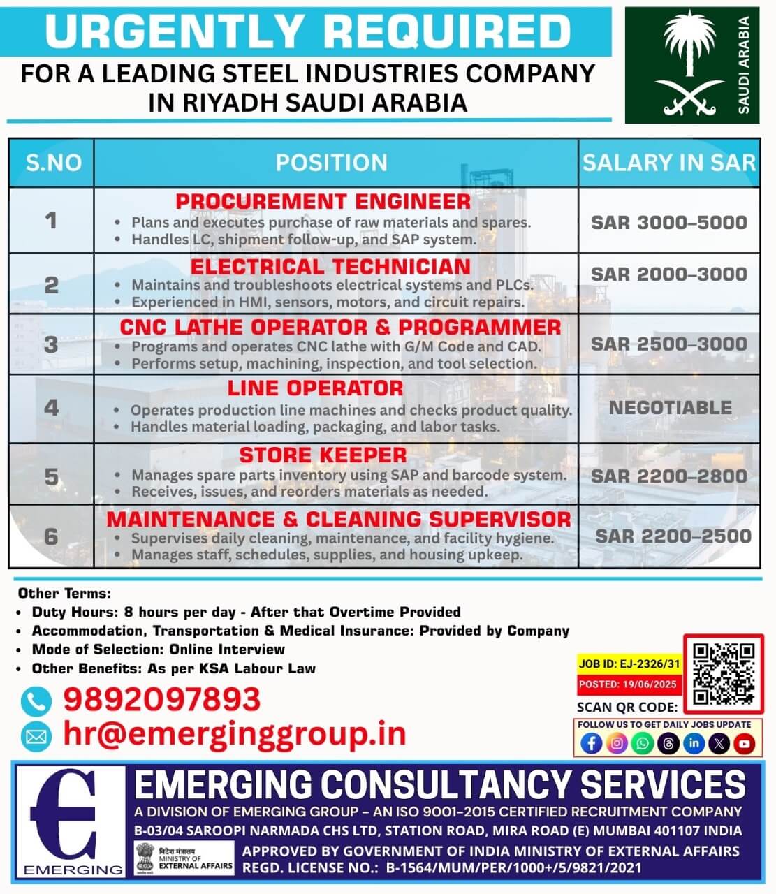 URGENT REQUIREMENTS – STEEL INDUSTRY PROJECT – RIYADH, SAUDI ARABIA