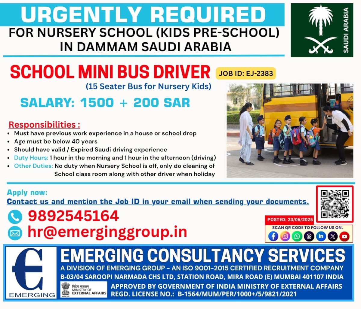 URGENTLY REQUIRED – MINI SCHOOL BUS DRIVER FOR NURSERY (KIDS – PRE-SCHOOL), DAMMAM – SAUDI ARABIA URGENTLY REQUIRED – MINI SCHOOL BUS DRIVER FOR NURSERY (KIDS – PRE-SCHOOL), DAMMAM – SAUDI ARABIA