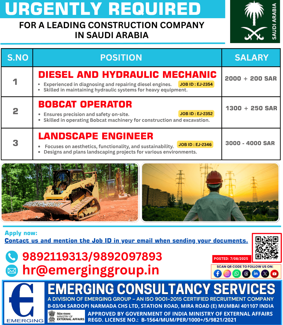 We are hiring Diesel & Hydraulic Mechanic,Bobcat Operator and Landscape Engineer