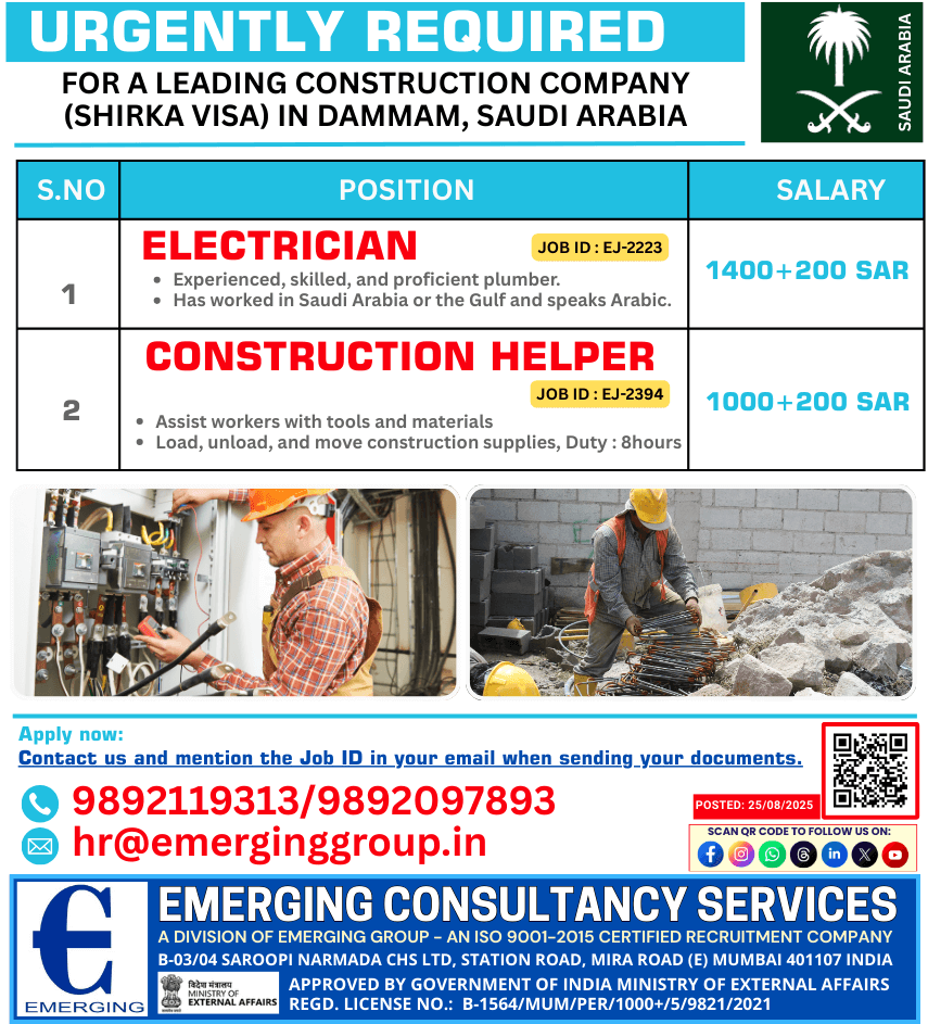 Urgently Hiring Electrician and Construction Helper