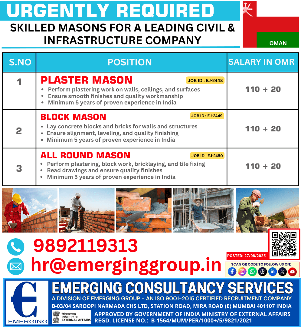 URGENTLY HIRING: Plaster Mason, Block Mason, All-Round Mason – Leading Civil & Infrastructure Company
