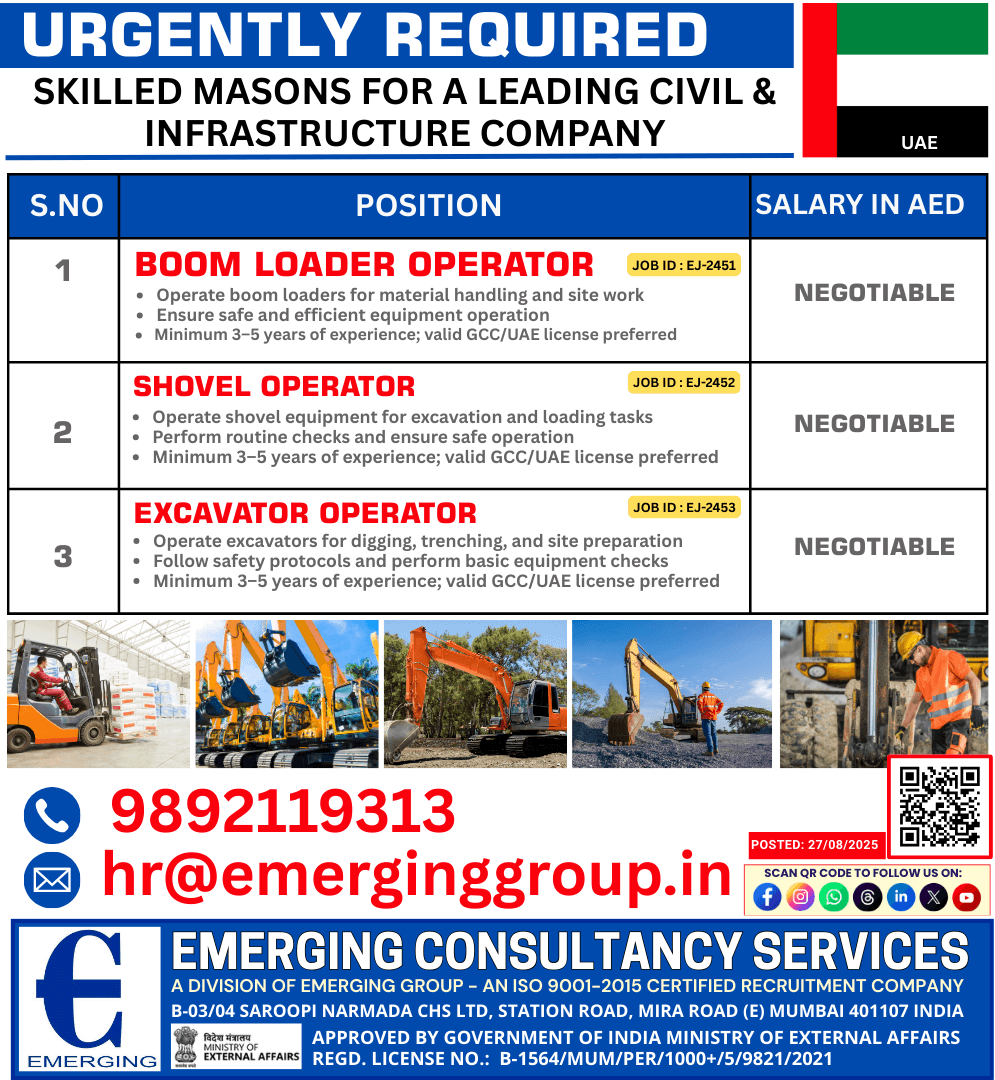 URGENTLY HIRING: Boom Loader Operator, Shovel Operator, Excavator Operator – Leading Civil & Infrastructure Company