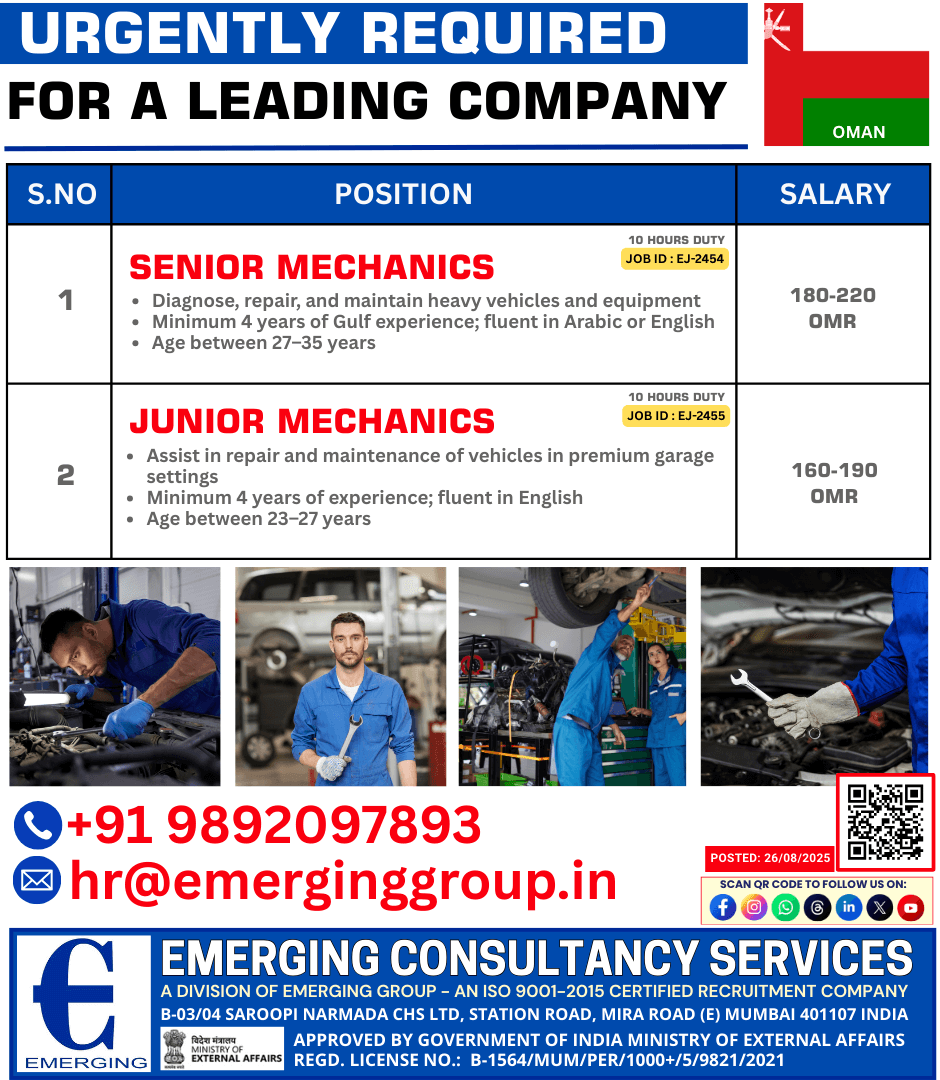 URGENTLY HIRING: Senior Mechanics & Junior Mechanics – For a Leading Company