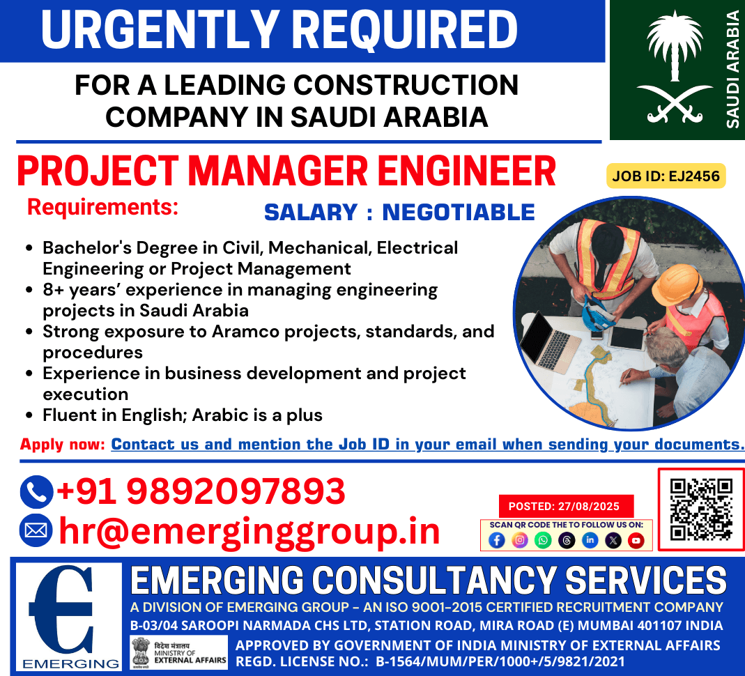 URGENTLY HIRING: Project Manager Engineer – Leading Construction Company – Saudi Arabia