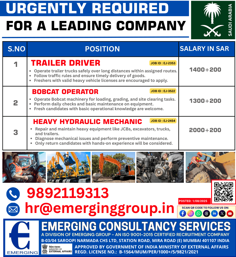 Urgently Required Trailer , Bobcat Operator and Heavy Hydraulic Mechanic