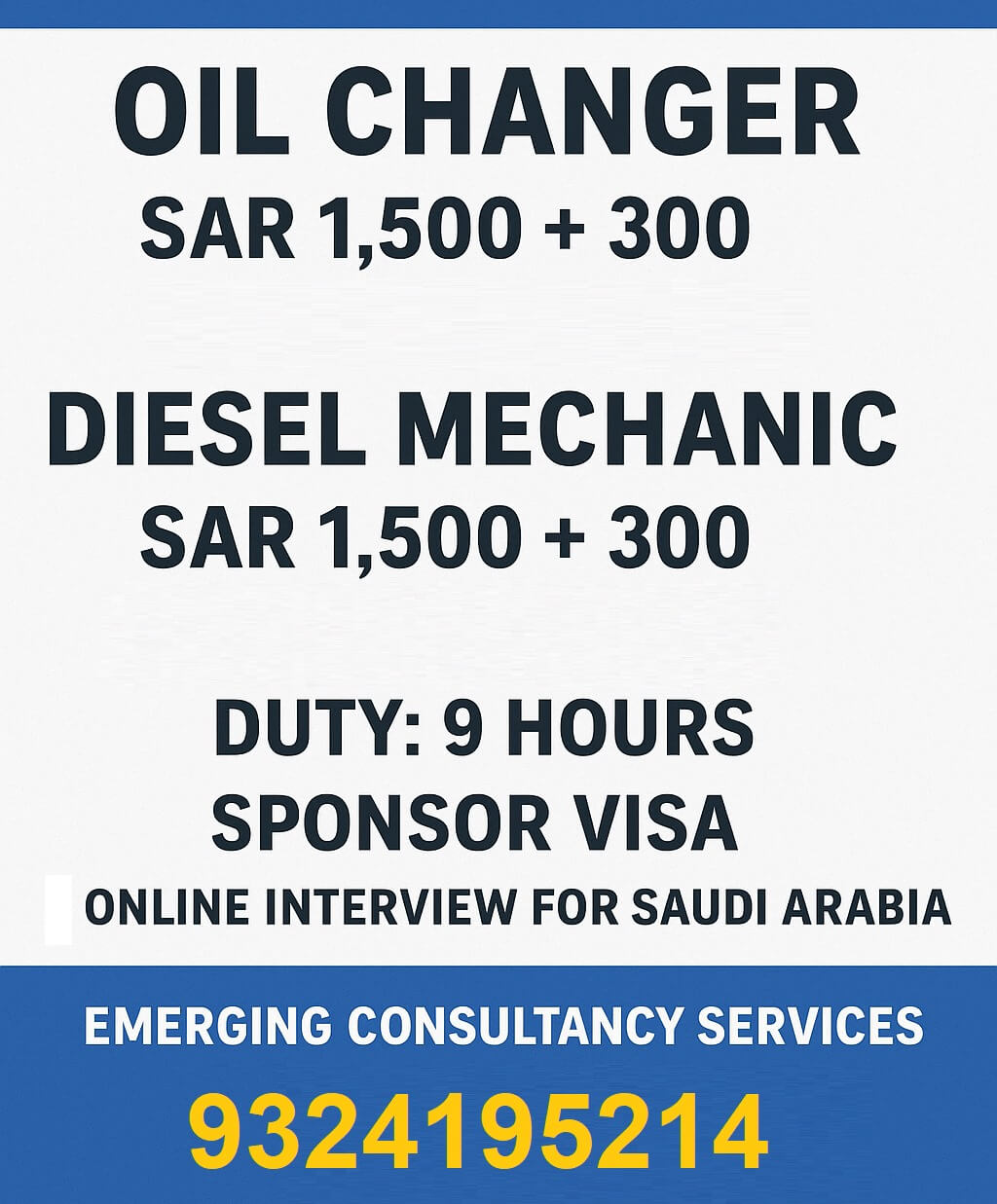 URGENTLY REQUIRED FOR SAUDI ARABIA Oil Changer & Diesel Mechanic