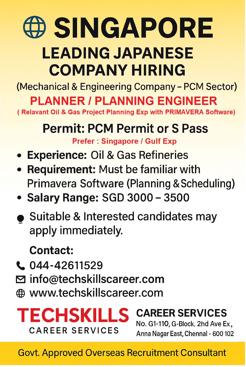 SINGAPORE URGENT REQUIRMENTS-  PLANNING ENGINEER ( Primavera Software  exp)