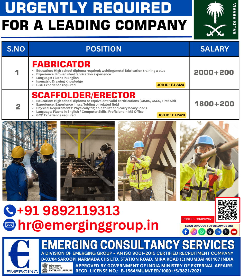 Urgently Hiring Fabricator and Scaffolder/Erector