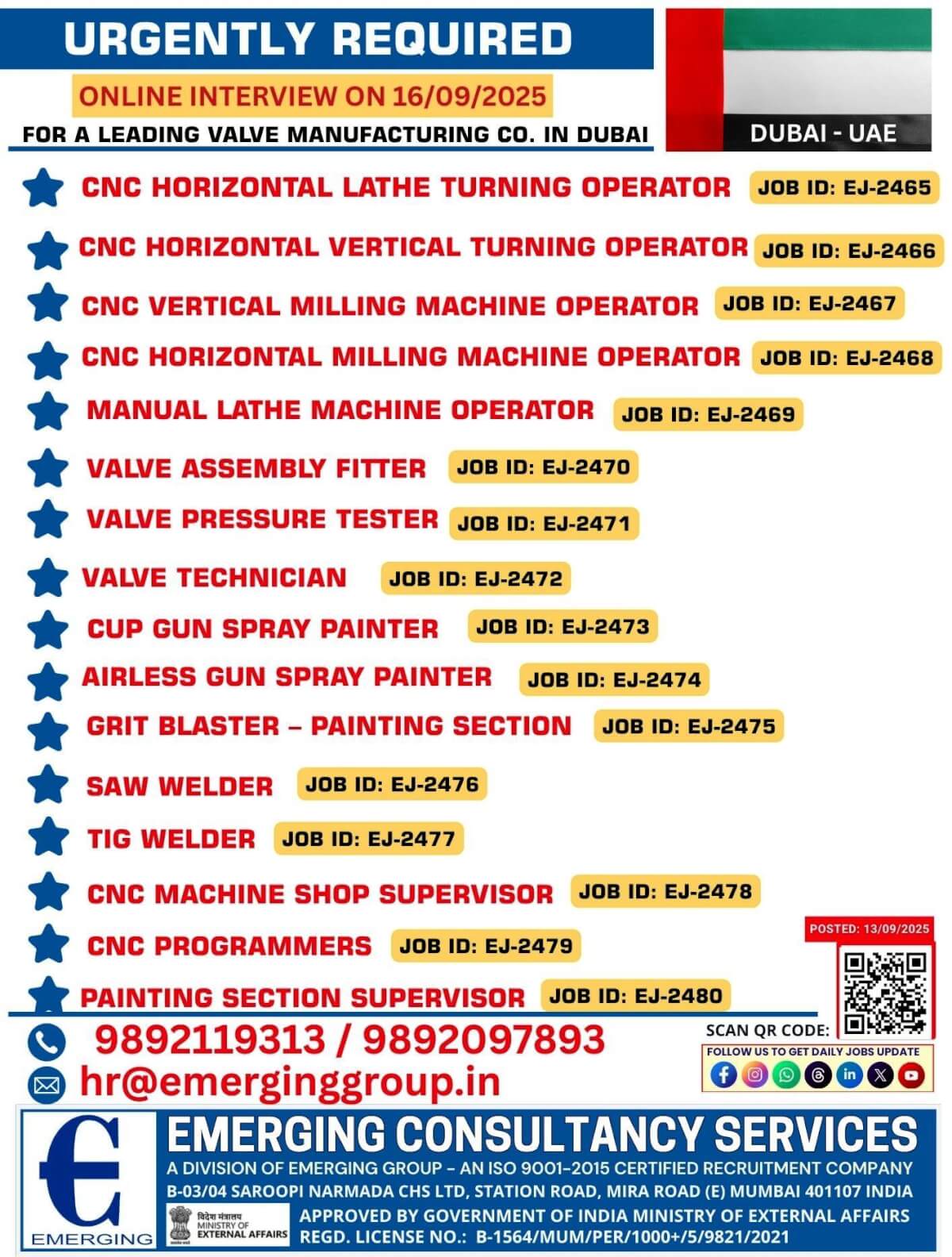 ONLINE INTERVIEW ON 16/09/2025 FOR A LEADING VALVE MANUFACTURING CO. IN DUBAI