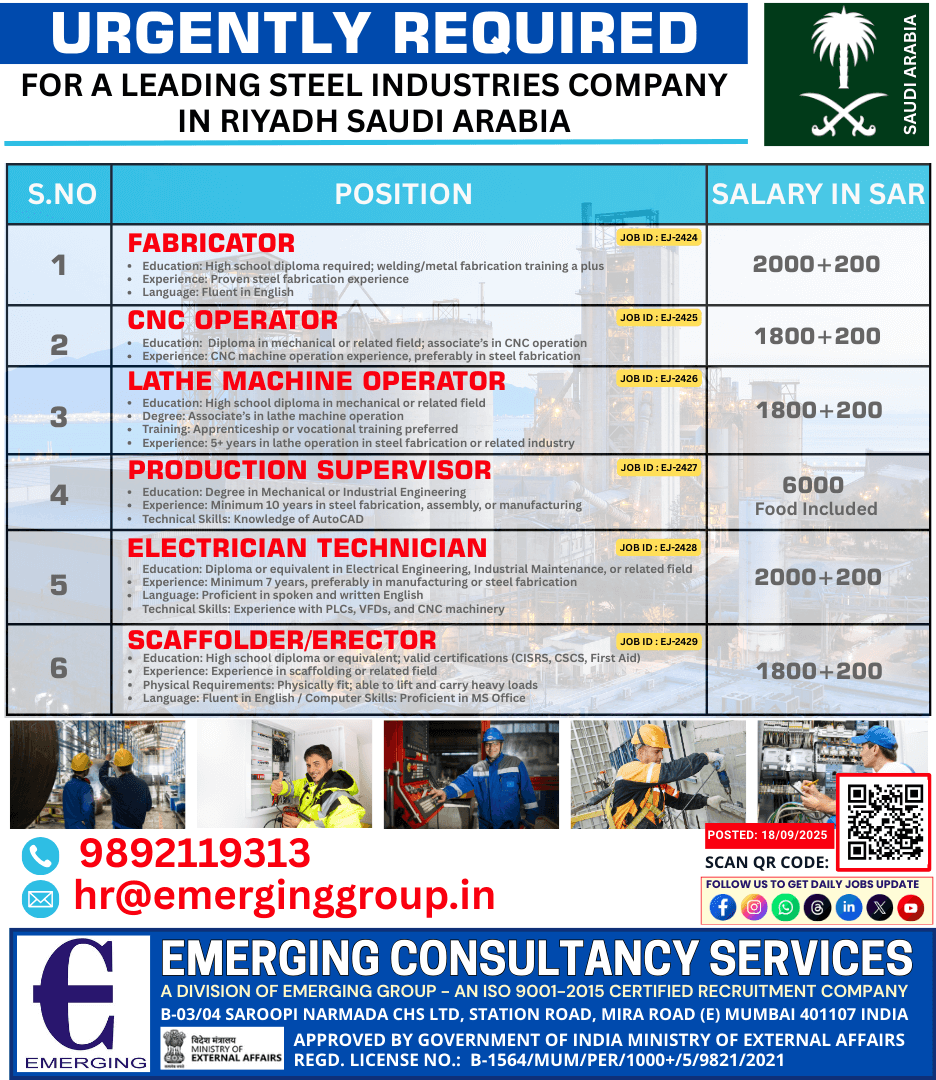 Urgent Hiring – Leading Steel Industry | Riyadh, Saudi Arabia ??