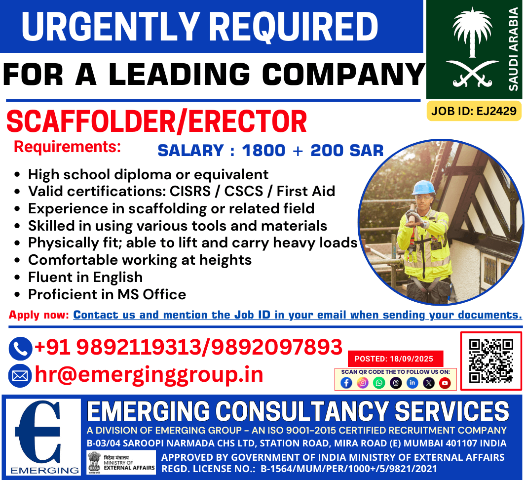 Hiring Urgently Scaffolder / Erector in Saudi Arabia for a Leading Company