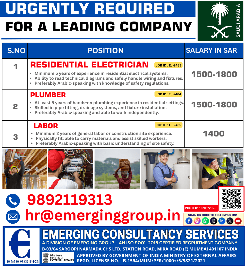 Urgently Hiring Residential Electrician, Plumber, and Labor