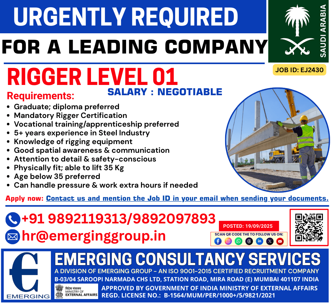 URGENTLY REQUIRED – RIGGER LEVEL 01