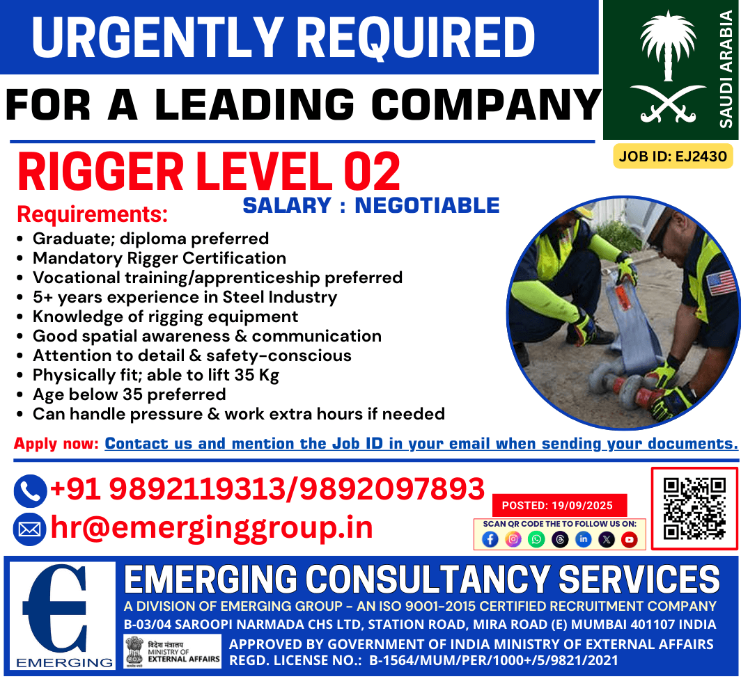 URGENT REQUIREMENT – RIGGER LEVEL 02