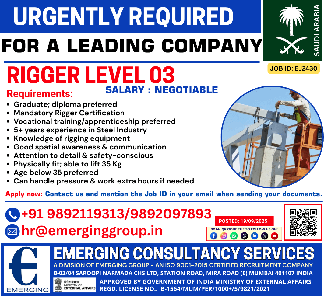 URGENT REQUIREMENT – RIGGER LEVEL 03