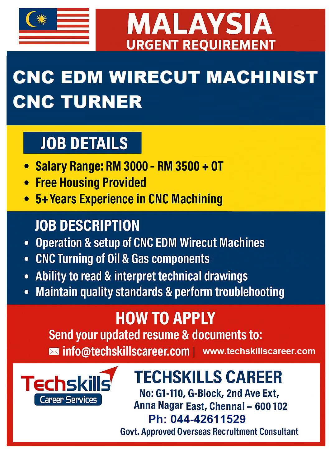 Malaysia Requires : CNC EDM WIRECUT MACHINIST / CNC TURNER