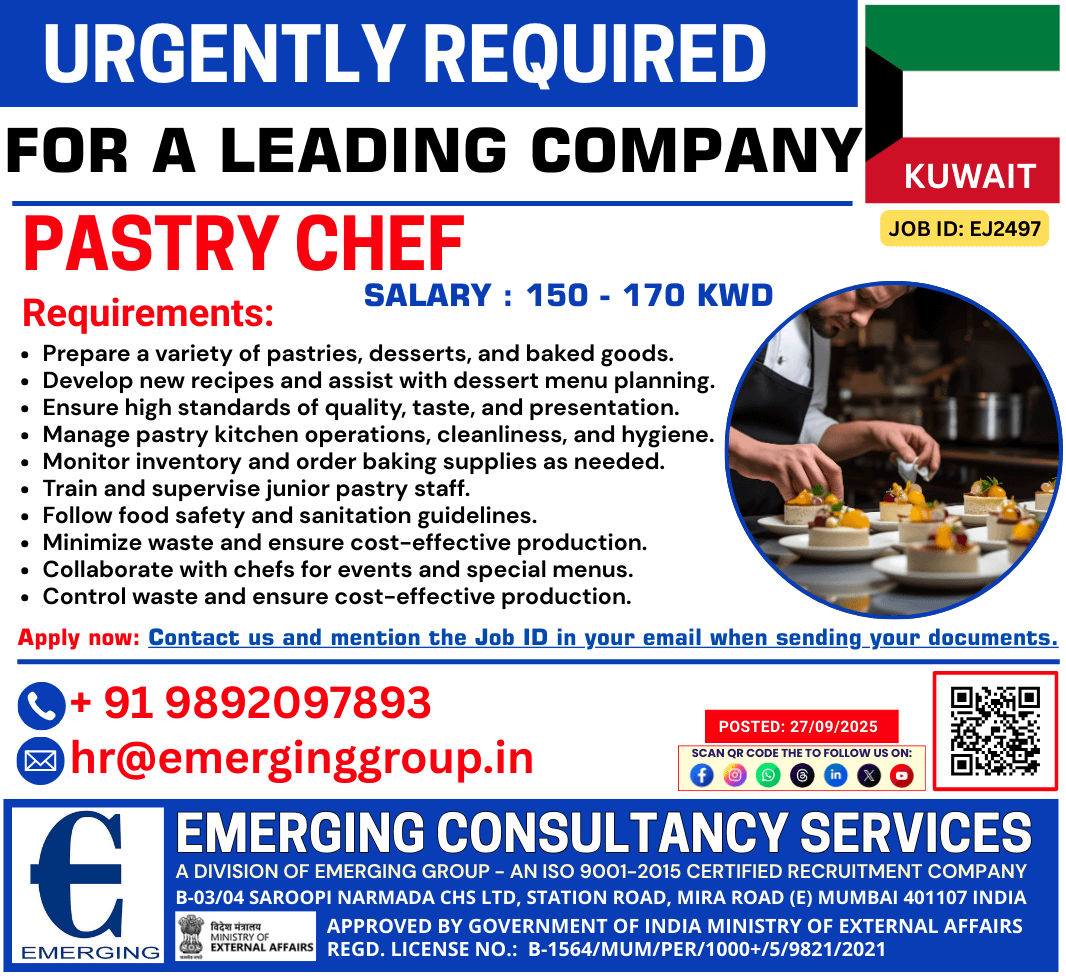 URGENTLY REQUIRED – PASTRY CHEF
