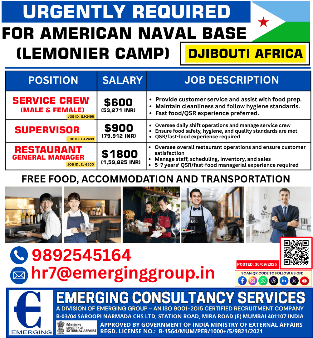 URGENTLY REQUIRED – AMERICAN NAVAL BASE (Lemonier Camp), DJIBOUTI – AFRICA URGENTLY REQUIRED – AMERICAN NAVAL BASE (Lemonier Camp), DJIBOUTI – AFRICA