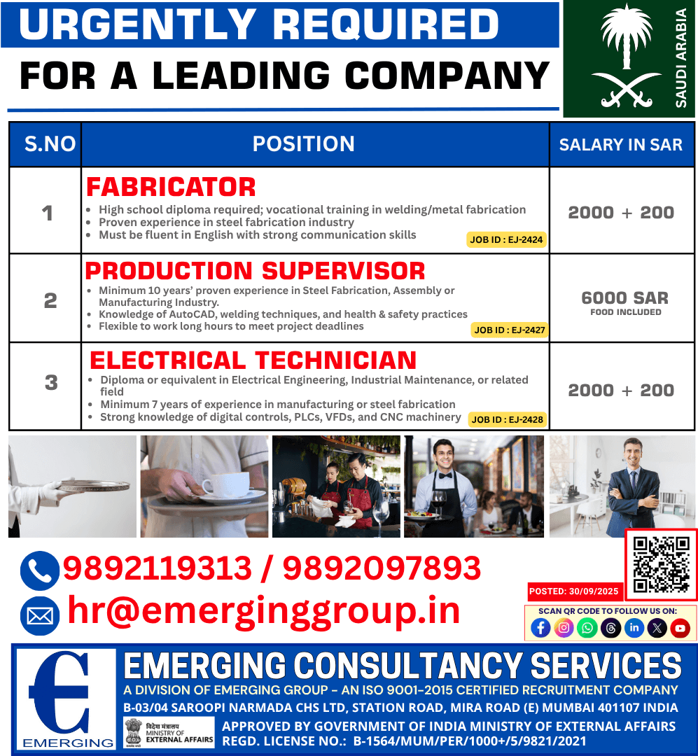 URGENTLY REQUIRED – FOR A LEADING COMPANY Fabricator/Production Supervisor/Electrical Technician URGENTLY REQUIRED – FOR A LEADING COMPANY Fabricator/Production Supervisor/Electrical Technician