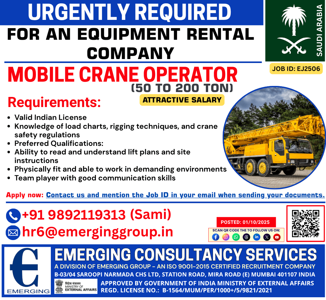 URGENT HIRING – MOBILE CRANE OPERATOR (50 TO 200 TON) URGENT HIRING – MOBILE CRANE OPERATOR (50 TO 200 TON)