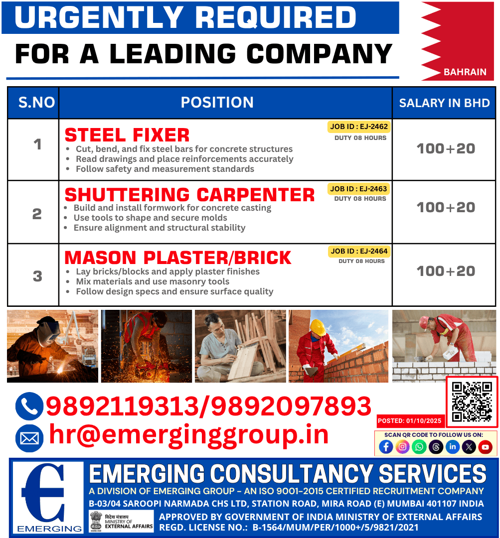 Steel Fixer | Shuttering Carpenter | Mason (Plaster/Brick) Steel Fixer | Shuttering Carpenter | Mason (Plaster/Brick)