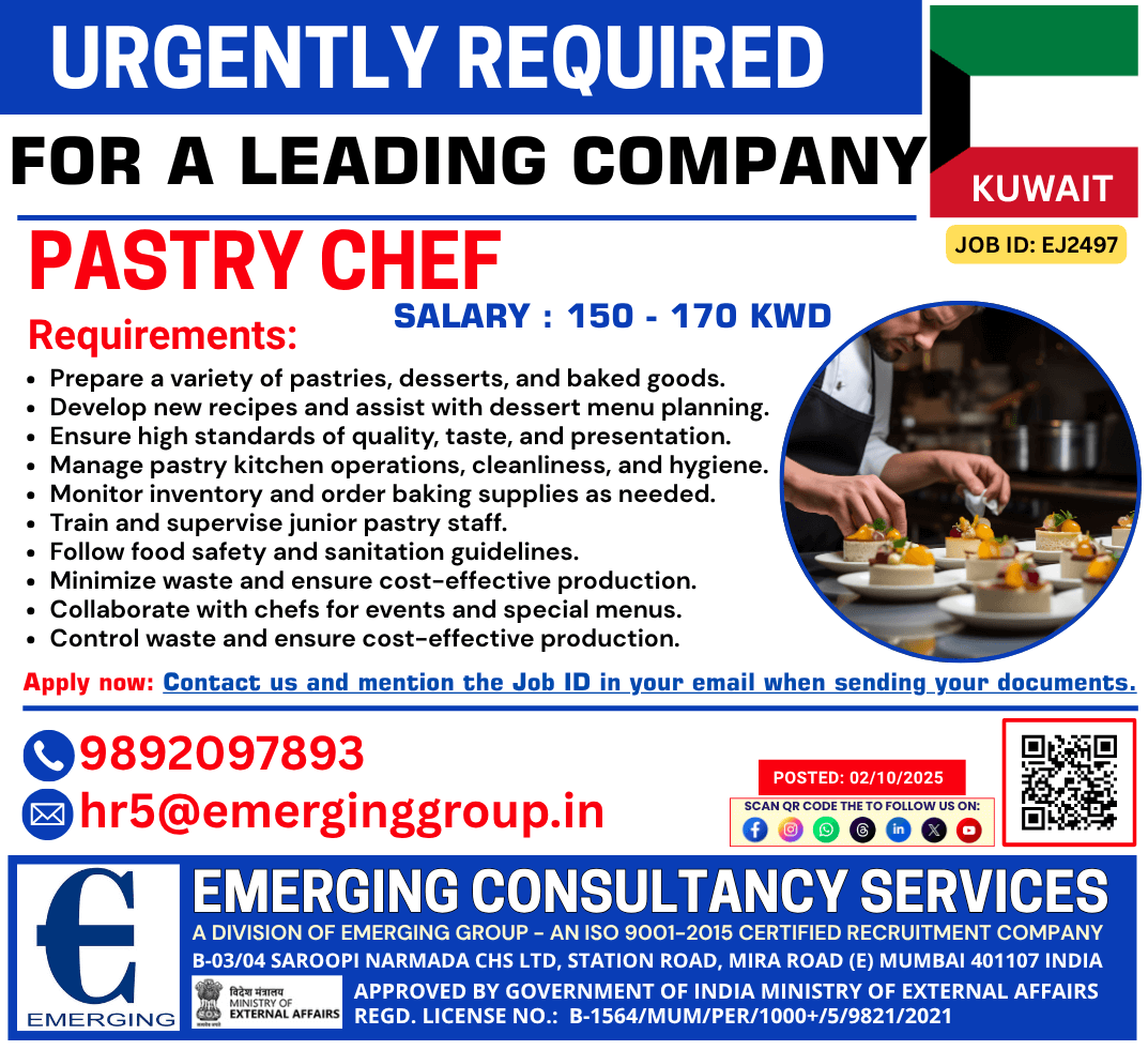 URGENTLY REQUIRED : Pastry Chef URGENTLY REQUIRED : Pastry Chef