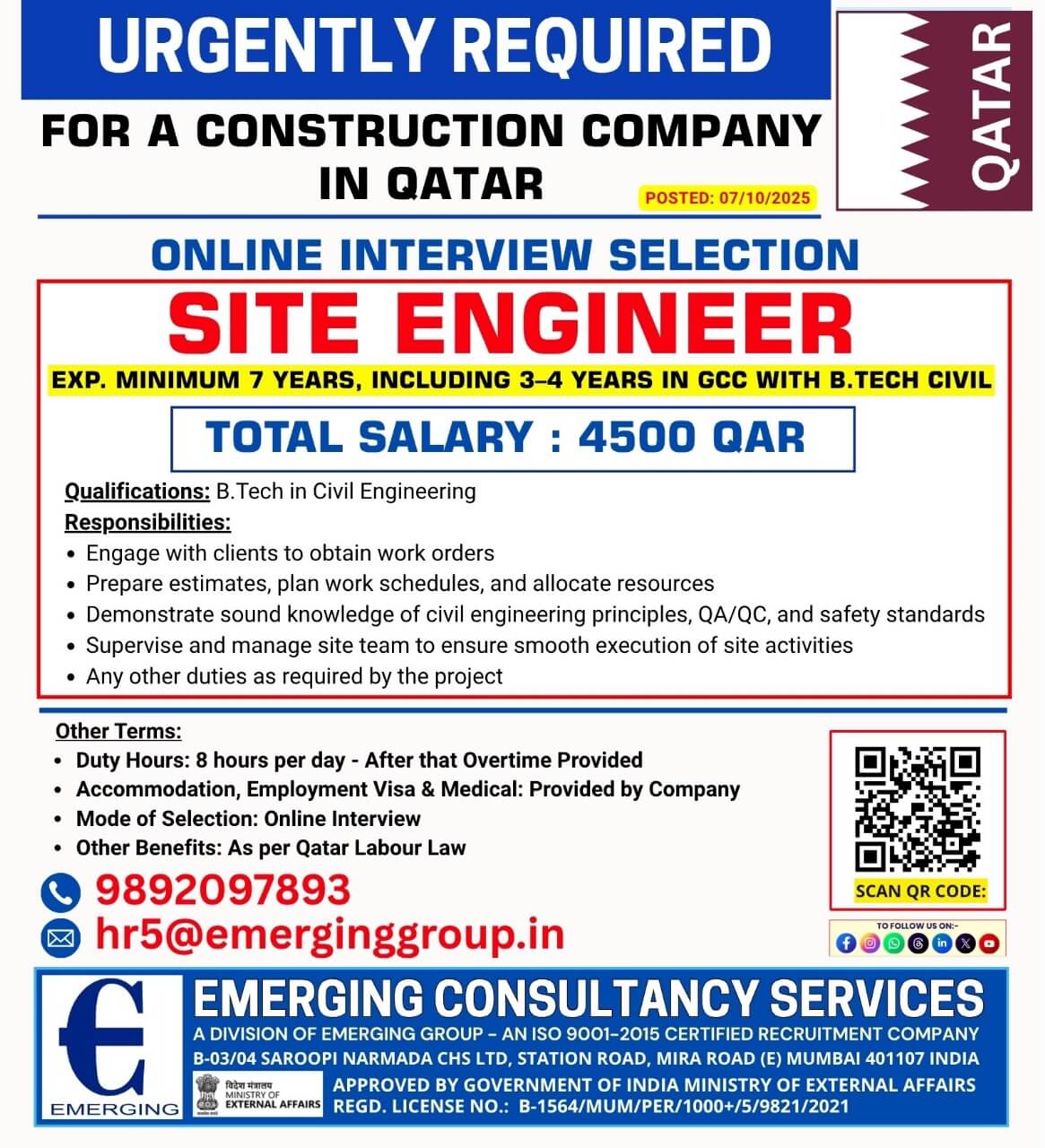 URGENTLY REQUIRED FOR A CONSTRUCTION COMPANY IN QATAR URGENTLY REQUIRED FOR A CONSTRUCTION COMPANY IN QATAR