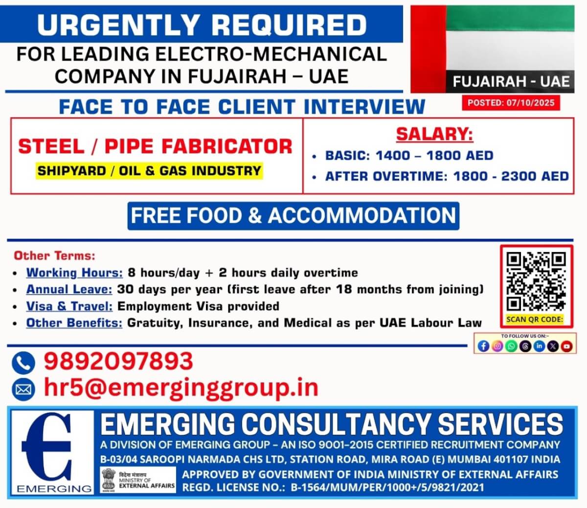 URGENTLY REQUIRED FOR LEADING ELECTRO MECHANICAL COMPANY IN FUJAIRA – UAE URGENTLY REQUIRED FOR LEADING ELECTRO MECHANICAL COMPANY IN FUJAIRA – UAE