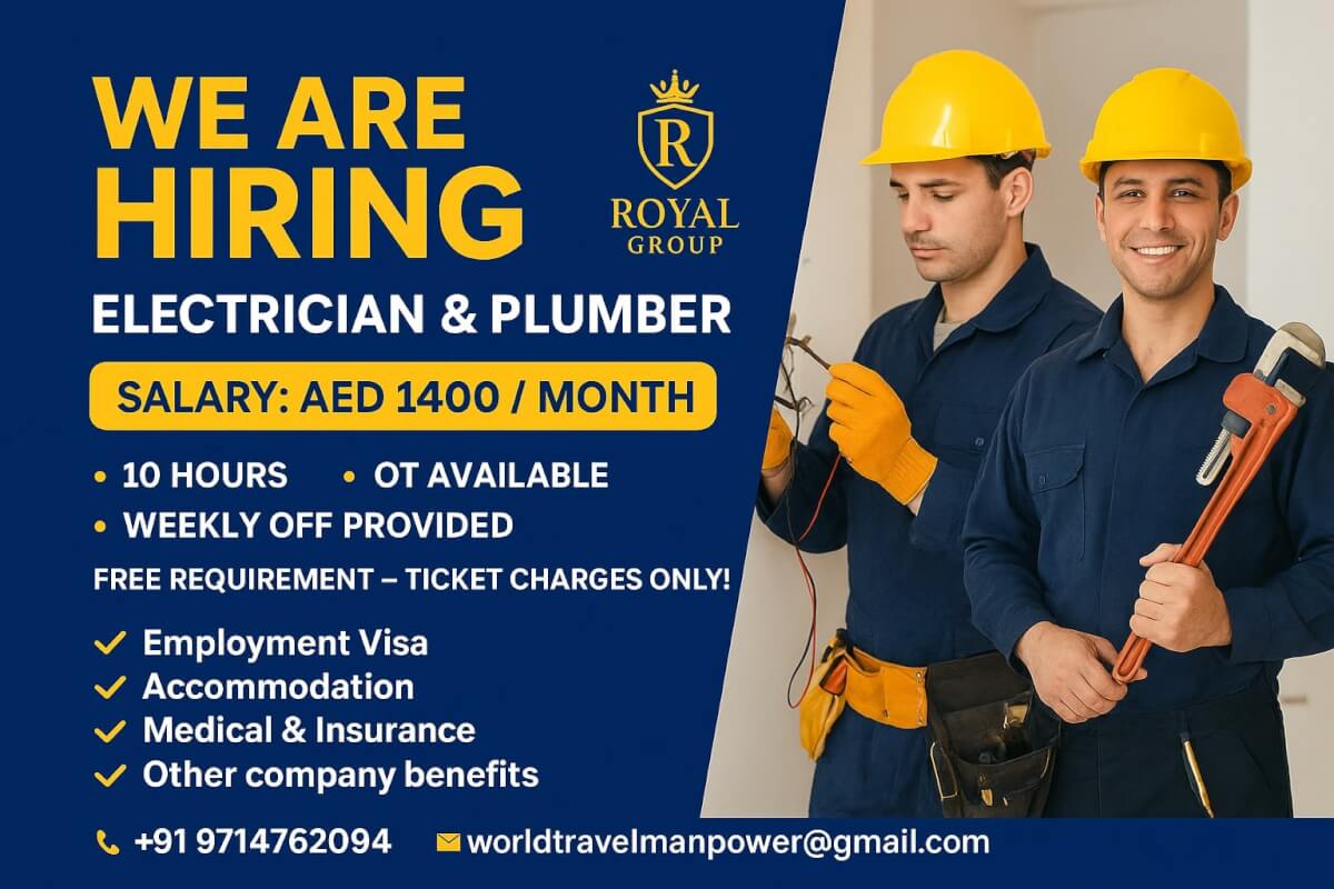 Work in UAE – Immediate Hiring! Electrician & Plumber Great salary + OT + company benefits Don’t miss this opportunity — Apply now! Work in UAE – Immediate Hiring! Electrician & Plumber Great salary + OT + company benefits Don’t miss this opportunity — Apply now!