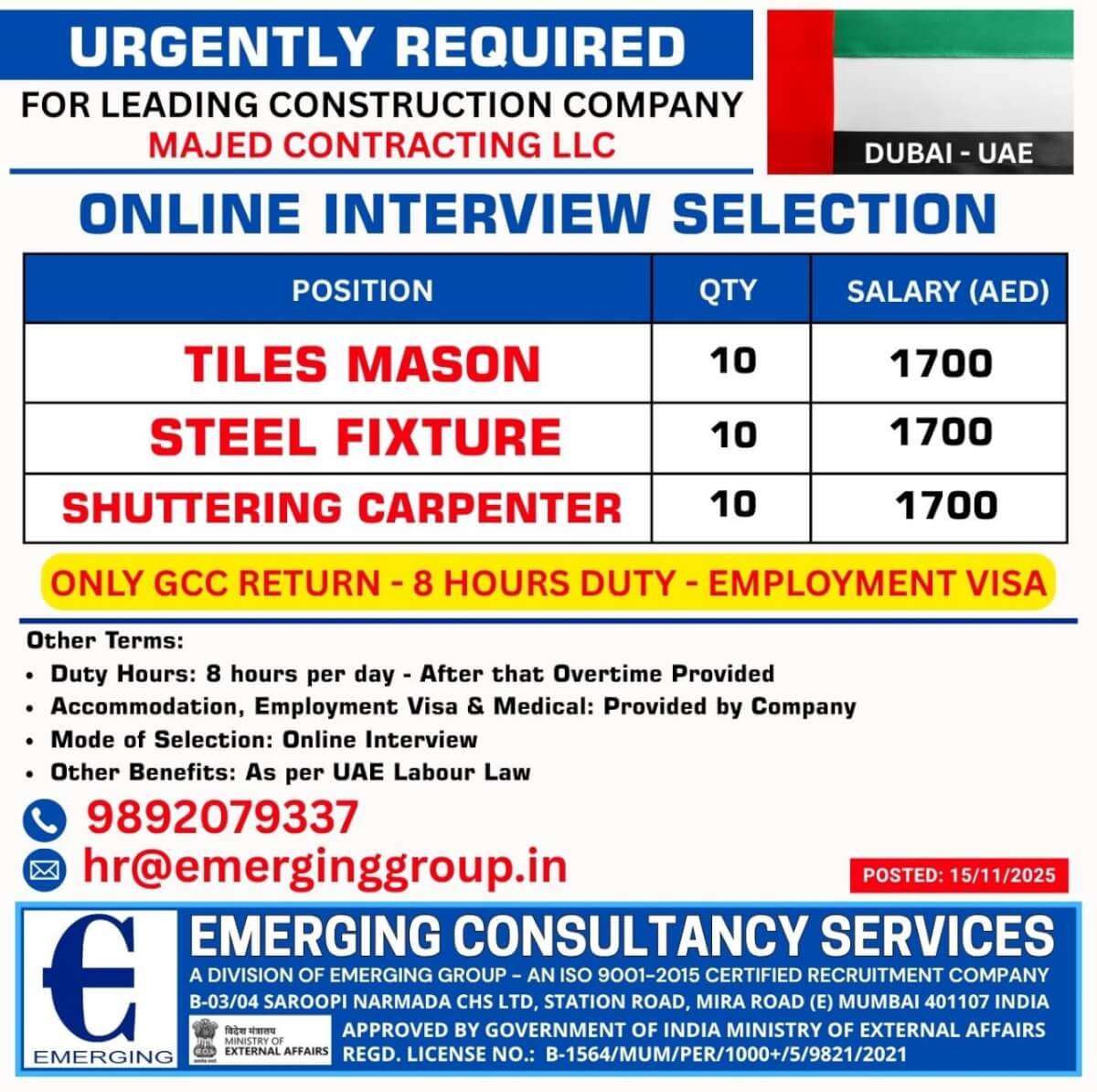 URGENTLY REQUIRED FOR A LEADING CONSTRUCTION COMPANY- MAJED CONTRACTING- UAE